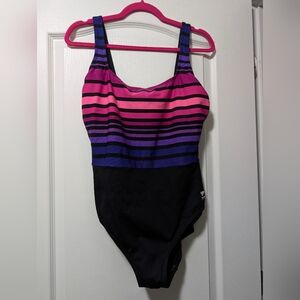 Tyr One-Piece Pink-Purple Striped Swimsuit, Size 14